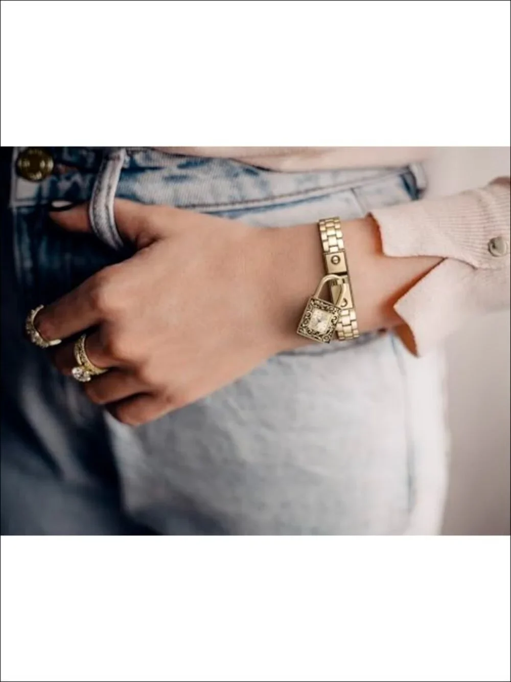 Gold Locket Charm Bracelet Watch - 20mm Square Case, Quartz Movement